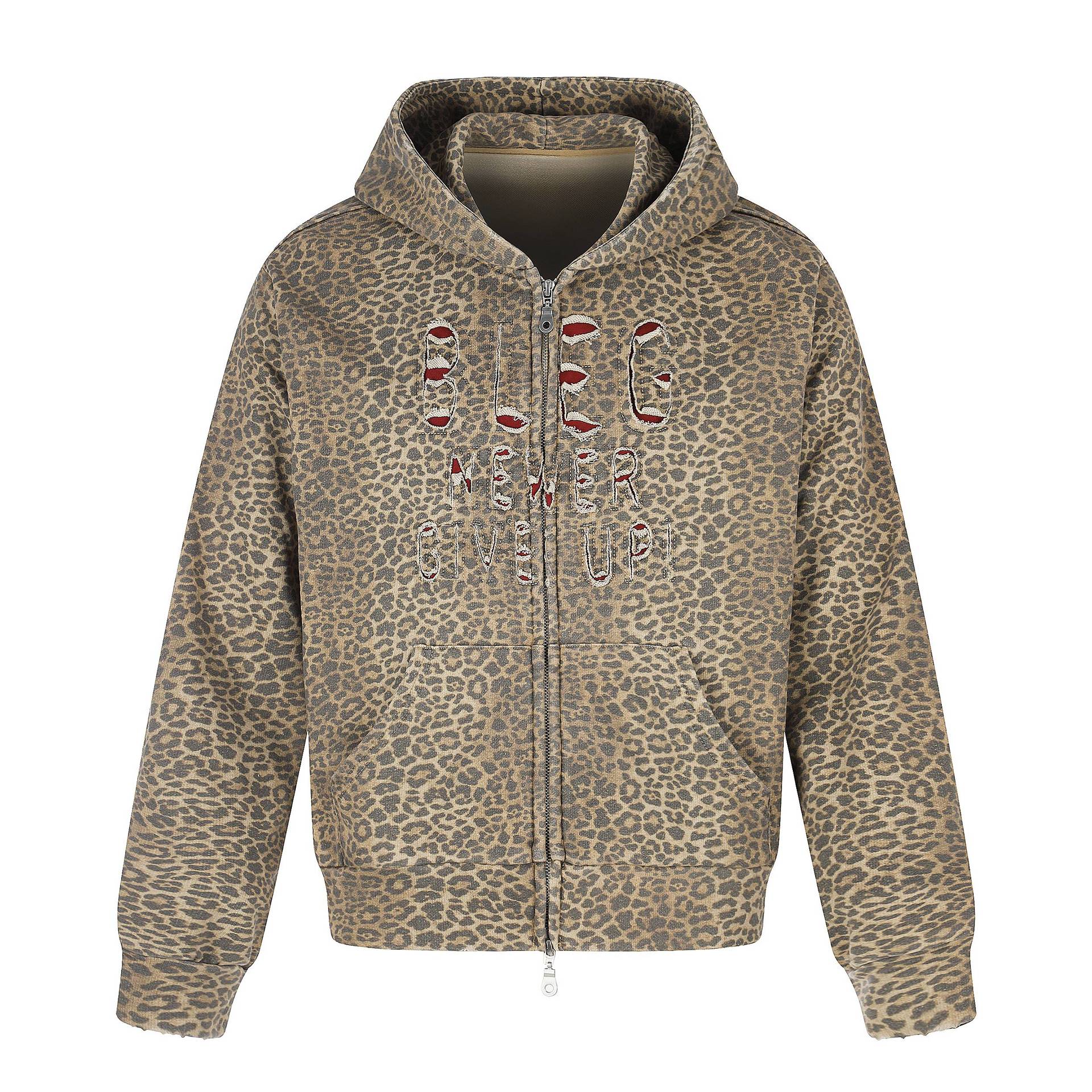 Women's hooded jacket in boxy cut with leopard print and distressed embroidery Chichicherry