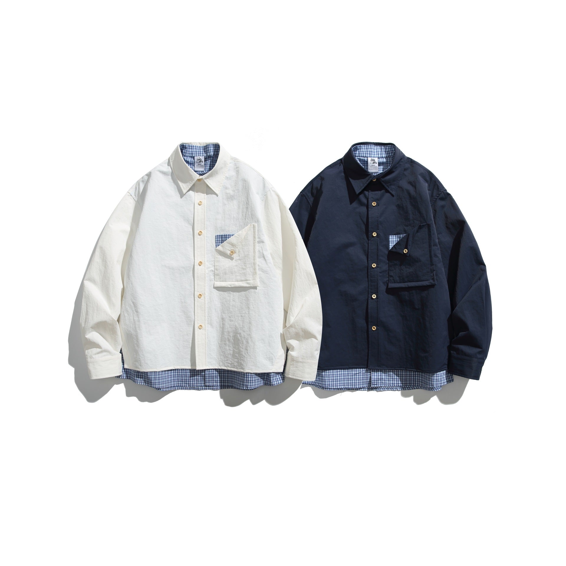 Men's Boxy Overshirt in Layer Look with checked inner lining, breast pocket and wooden buttons Chichicherry