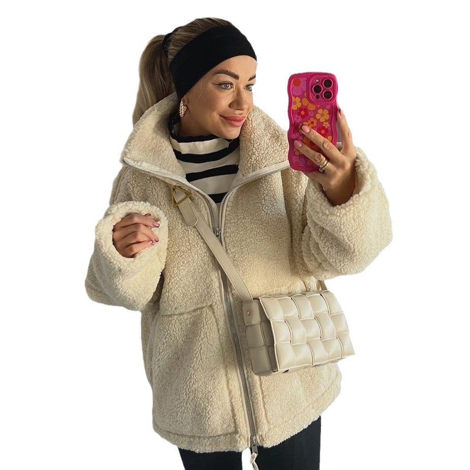 Damen Oversize Teddy-Fleece Jacke mit Reißverschluss und Stehkragen Chichicherry