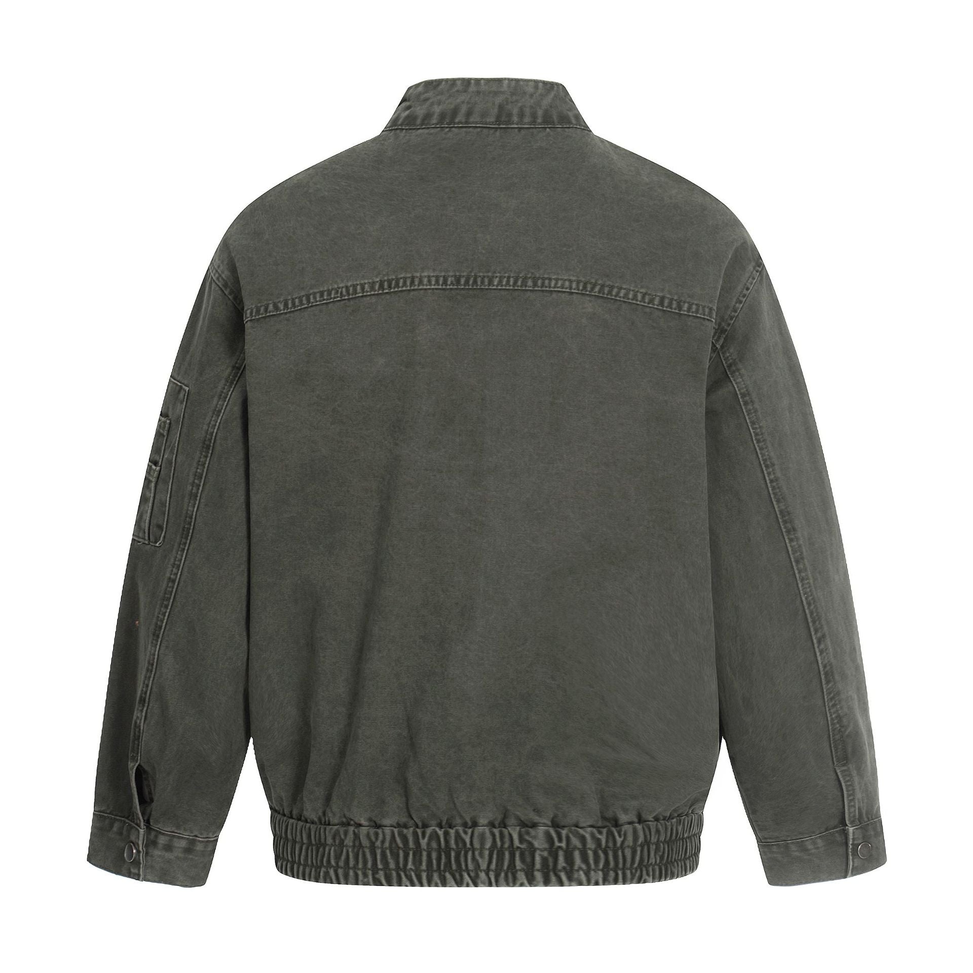 Men's short cut vintage-wash bomber jacket in boxy cut with stand-up collar and sleeve zip.
