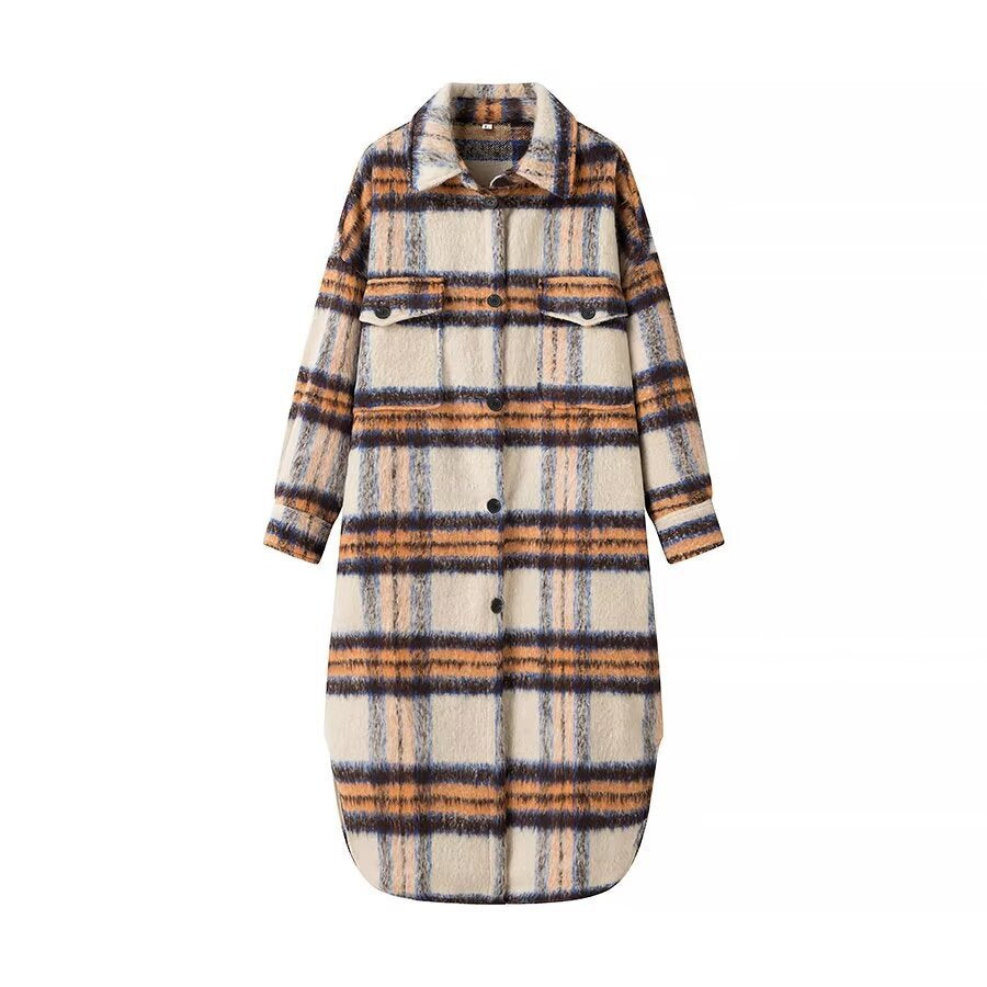 Women Longer Checked Teddy Coat in Shirt Jacket Look with Shirt Collar and Patch Pockets Chichicherry