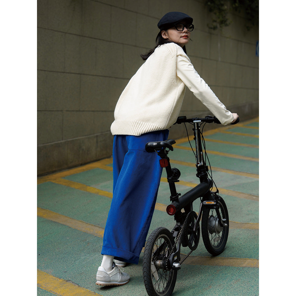 Women's wide corduroy pants with high elastic waistband and rolled hem Chichicherry