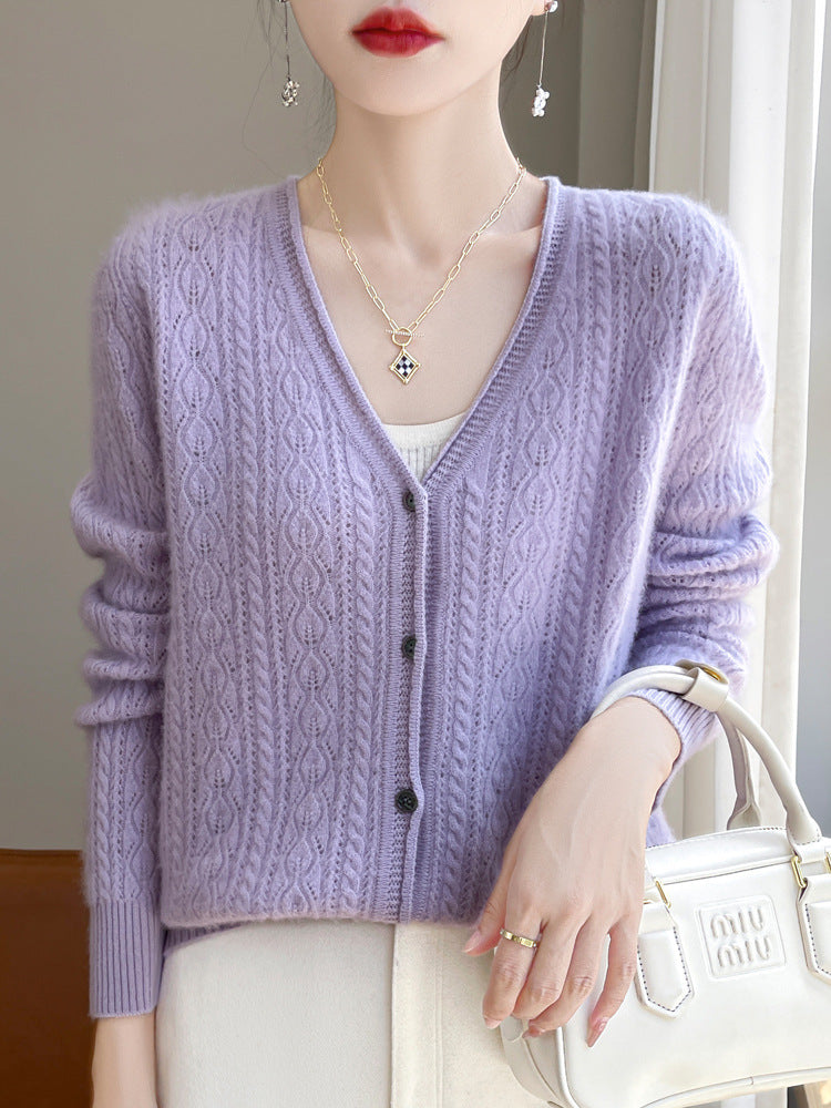 Ladies Short Cable Knit Cardigan in Mohair Look with V-neck and Ribbed Cuffs Chichicherry