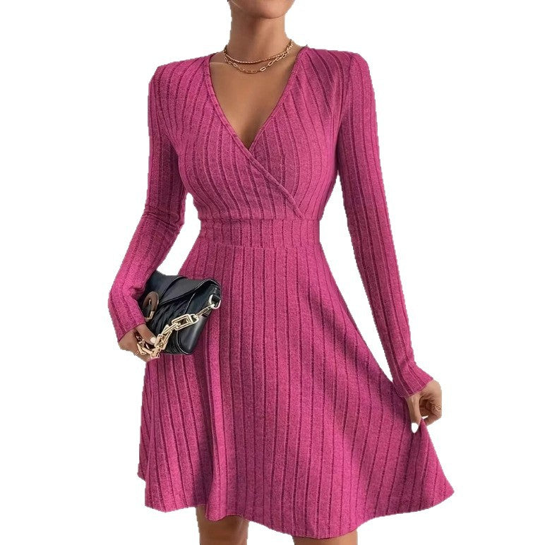 Women's knitted dress with wrap V-neck, tailored waist and flared A-line skirt Chichicherry