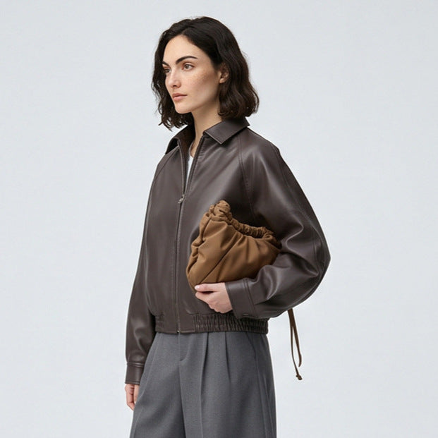 Women Boxy Cropped Faux Leather Jacket with Concealed Zipper and Elastic Hem Chichicherry