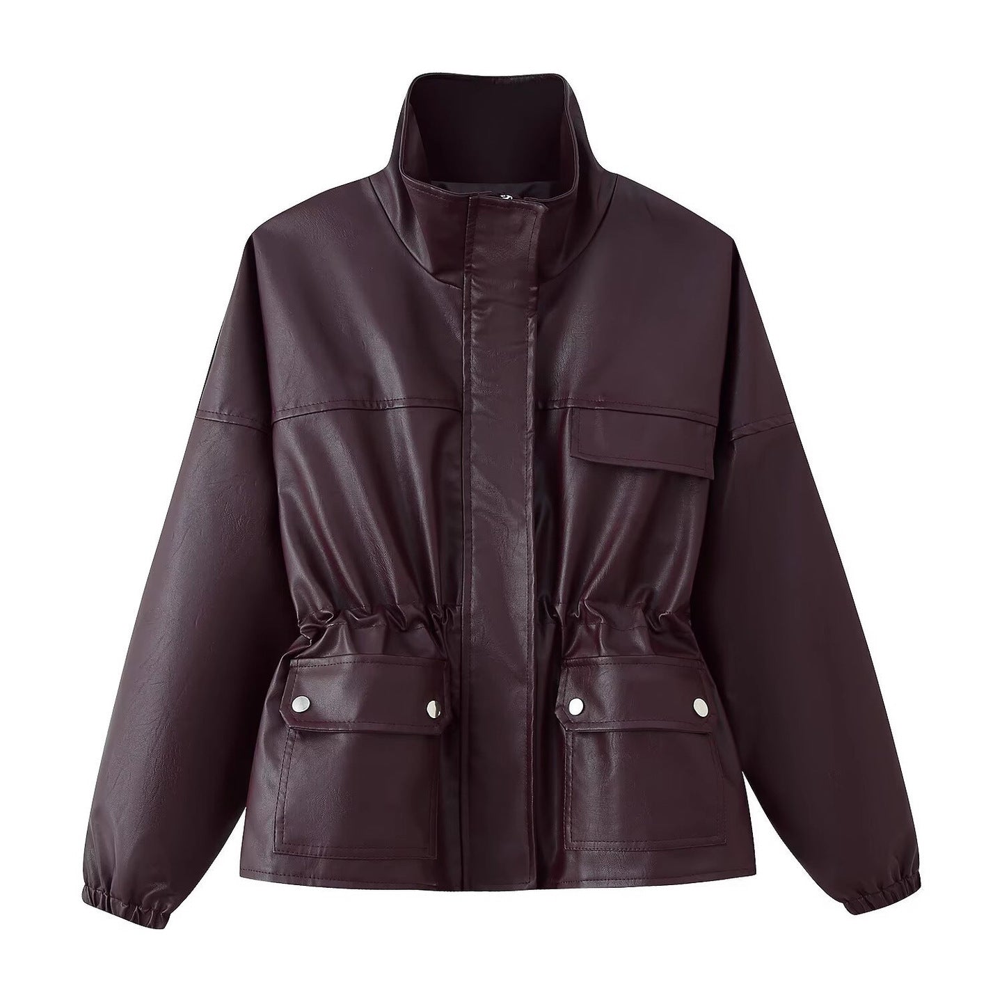 Women Faux Leather Parka with Stand Collar, Waist Drawstring, and Placket Pockets Chichicherry