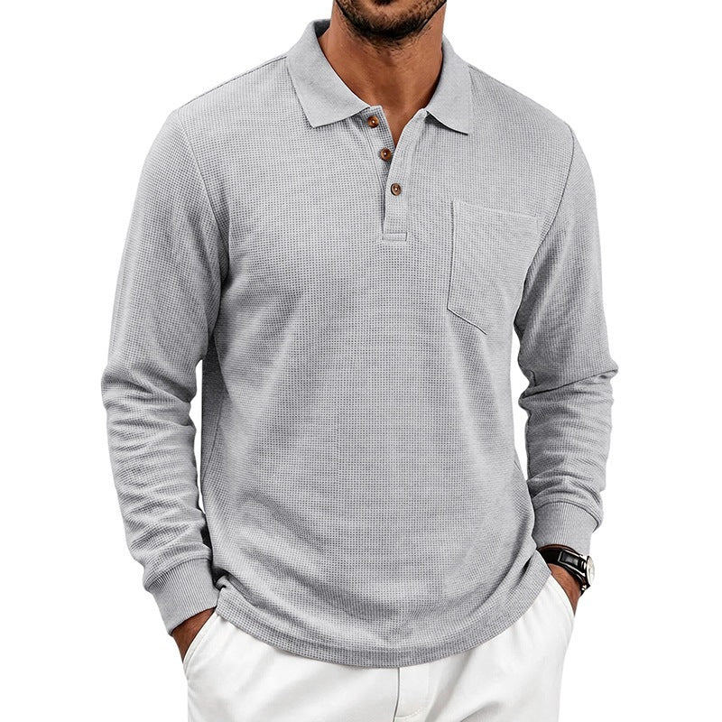Men's Long Sleeve Waffle Piqué Polo with Button Placket and Chest Pocket Chichicherry
