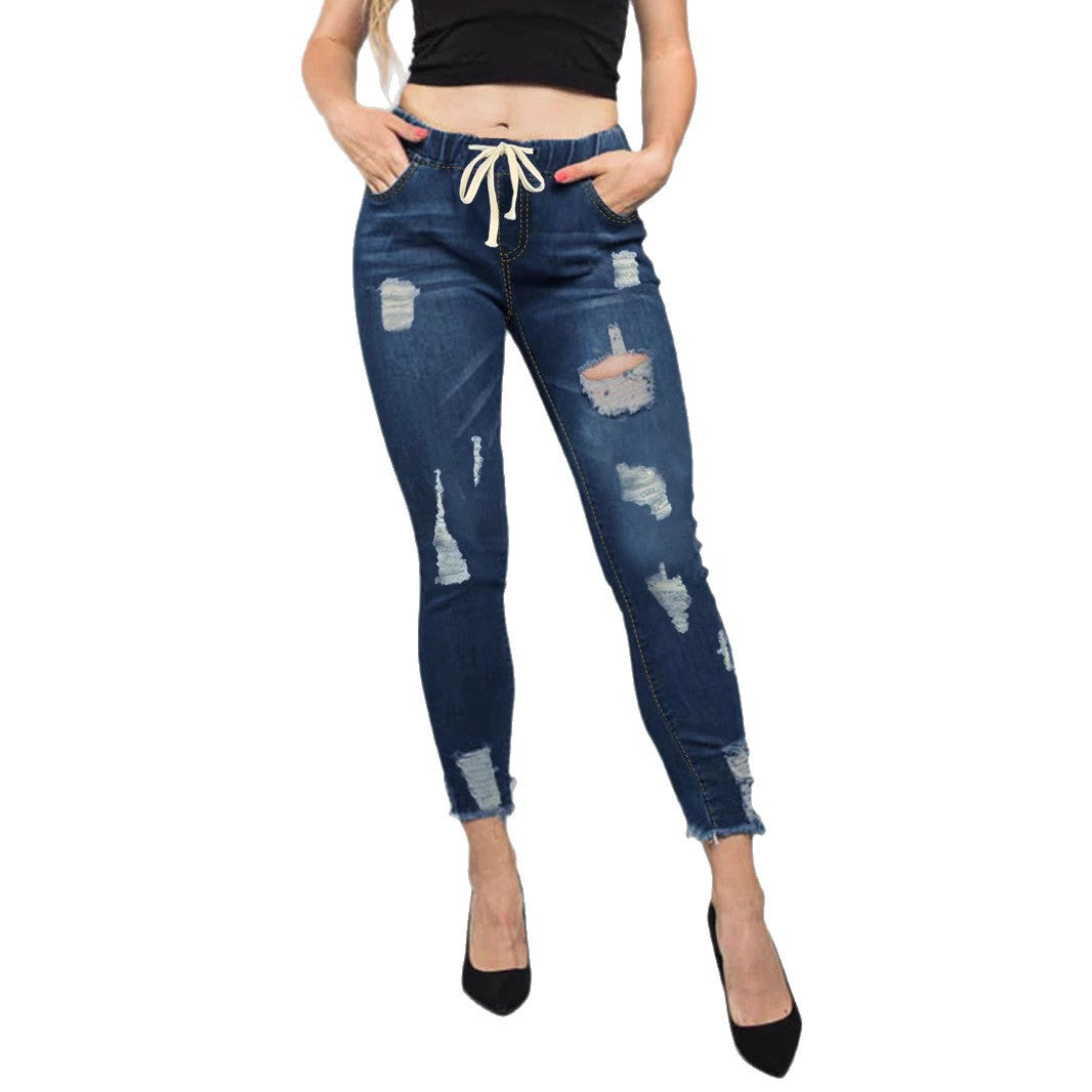 Women High-Waisted Destroyed Jogger Jeans with Elastic Drawstring Waistband and Cropped Frayed Hem Chichicherry
