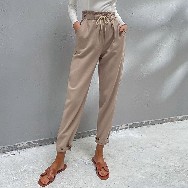 Women's Casual High-Waisted Pants with Drawstring, Side Pockets, and Tapered Leg Shape Chichicherry