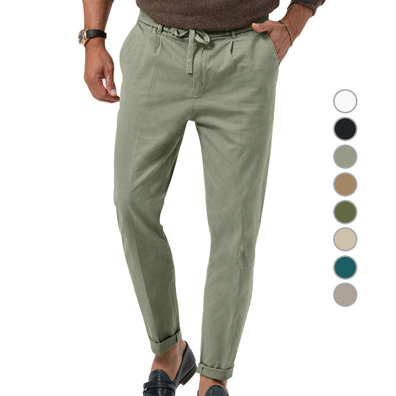 Men's Tapered Linen-Cotton Pants with Elastic Waistband, Drawstring and Cuffs Chichicherry