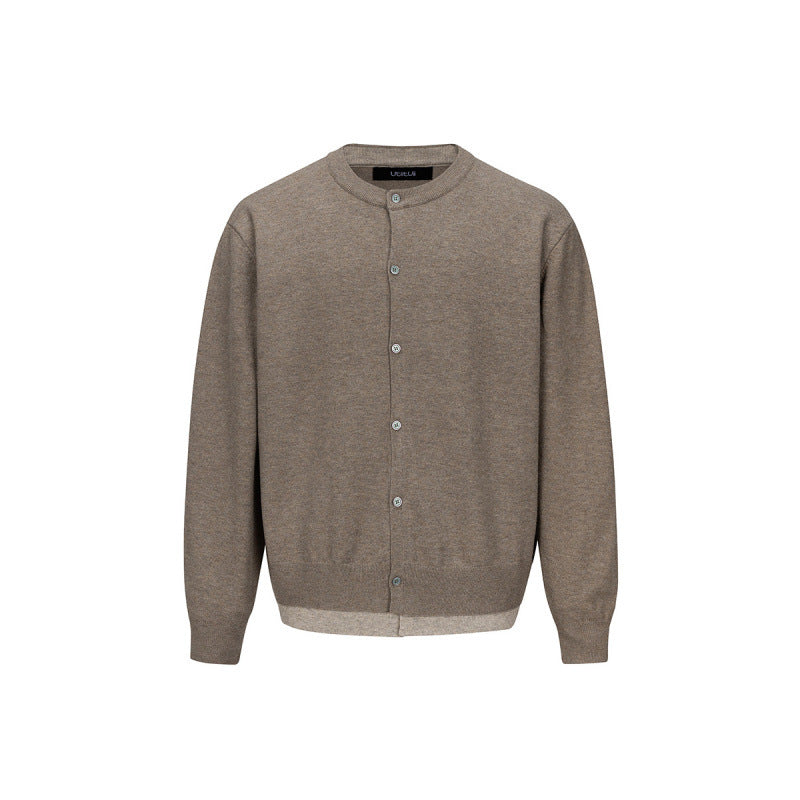 Men's fine knit cardigan with two-layer look, round neck and continuous button placket Chichicherry