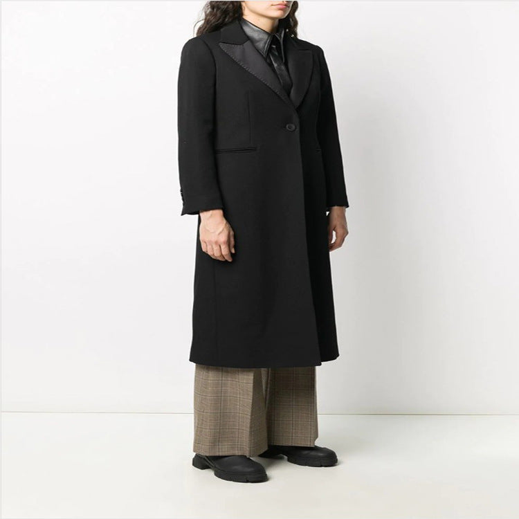 Women Elegant Single-Breasted Long Coat in Tuxedo Style with Narrow Lapels and Satin Trim Chichicherry