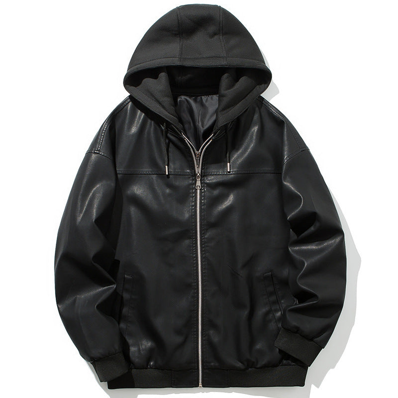 Men's Faux Leather Bomber Jacket with Hood, Zipper, and Ribbed Cuffs Chichicherry