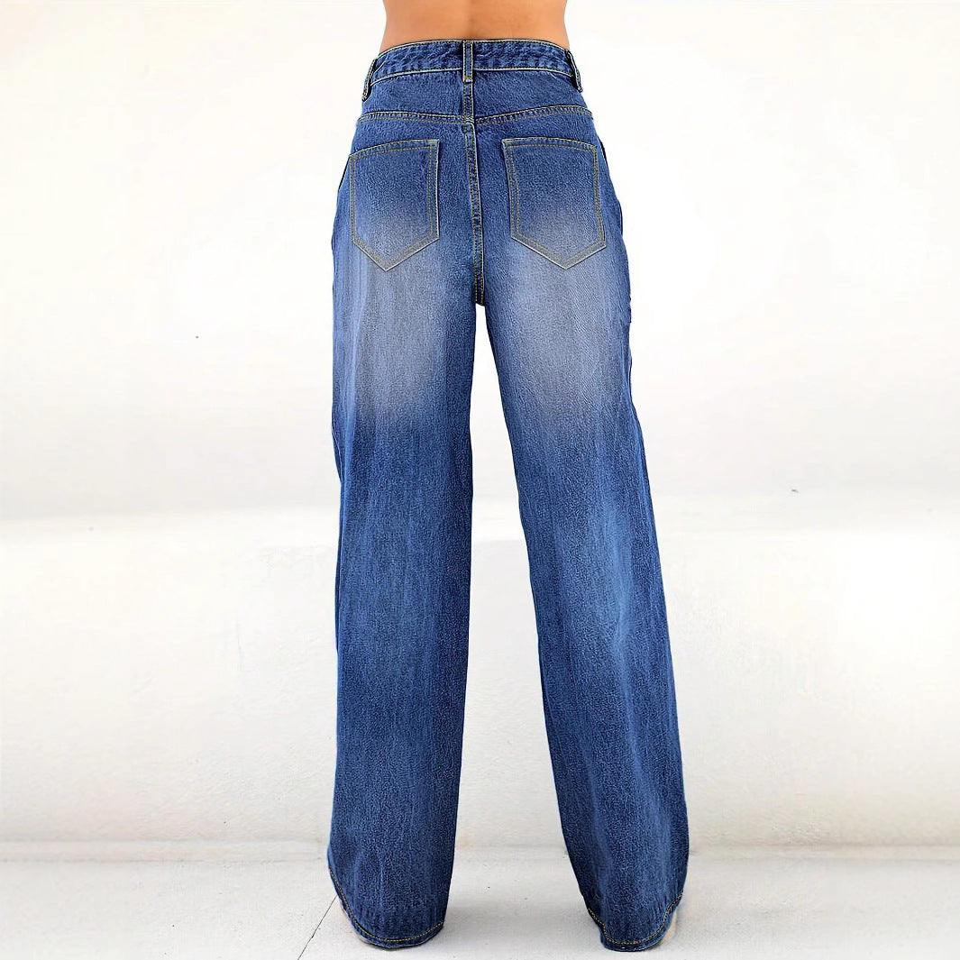 Ladies High-Waist Wide-Leg Jeans with large heart print Chichicherry