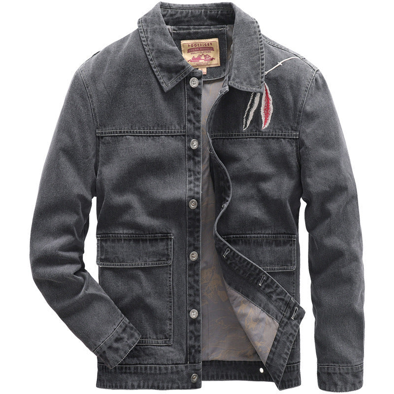 Men's jeans jacket in worker style with embroidered feather motif and inner satin lining Chichicherry