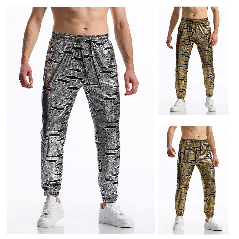 Men's Shiny Jogging Pants with Drawstring, Tapered Leg and Abstract Print Chichicherry