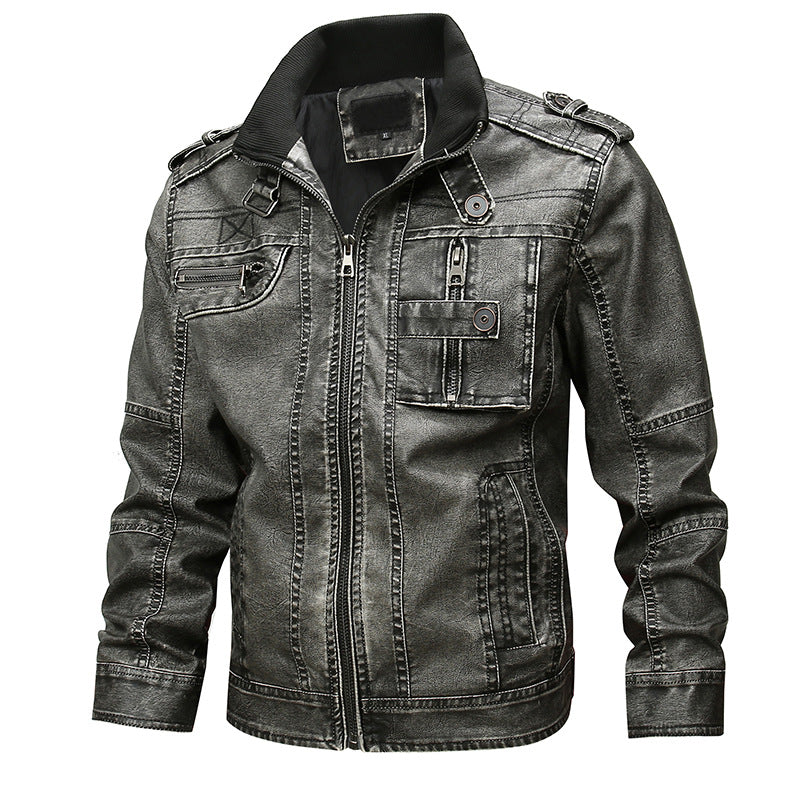 Men's biker jacket made of synthetic leather with stand-up collar, striking decorative seams, and multiple pocket details Chichicherry
