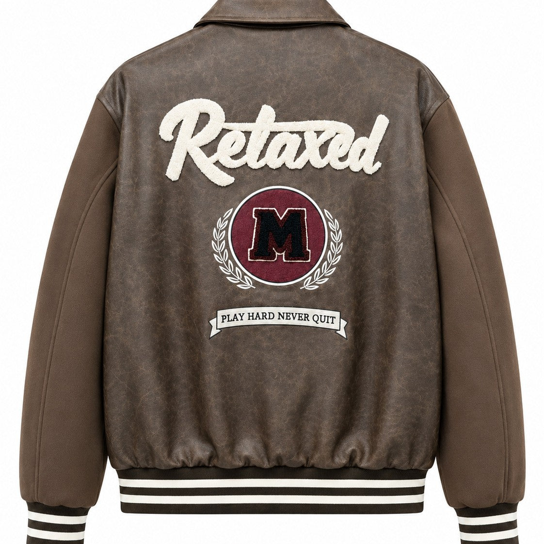 Men's Varsity Bomber Jacket in Vintage Leather Look with Chenille Emblem Chichicherry