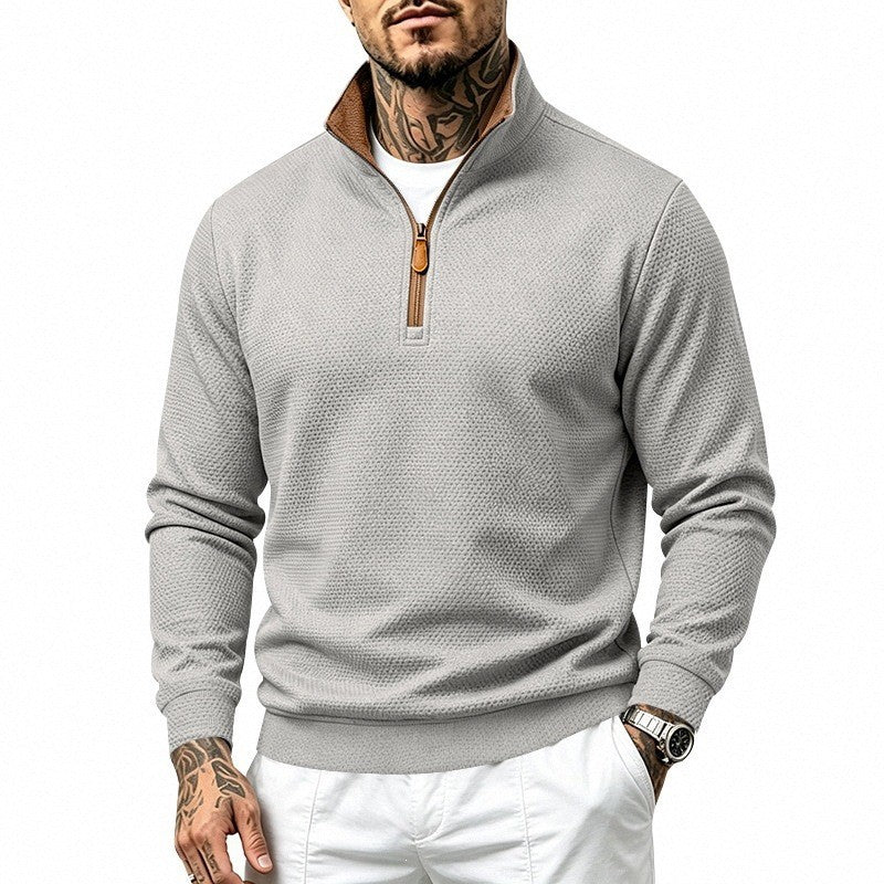 Men's Texture Half-Zip Pullover with Stand Collar and Contrast Inner Collar Chichicherry