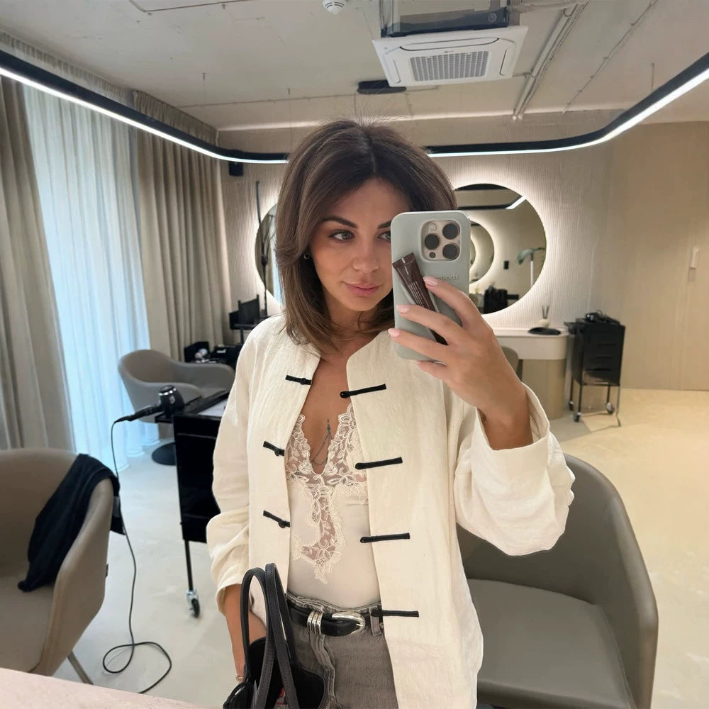 Women's Oversize Boxy Jacket with Toggle Closures and Mandarin Collar Chichicherry
