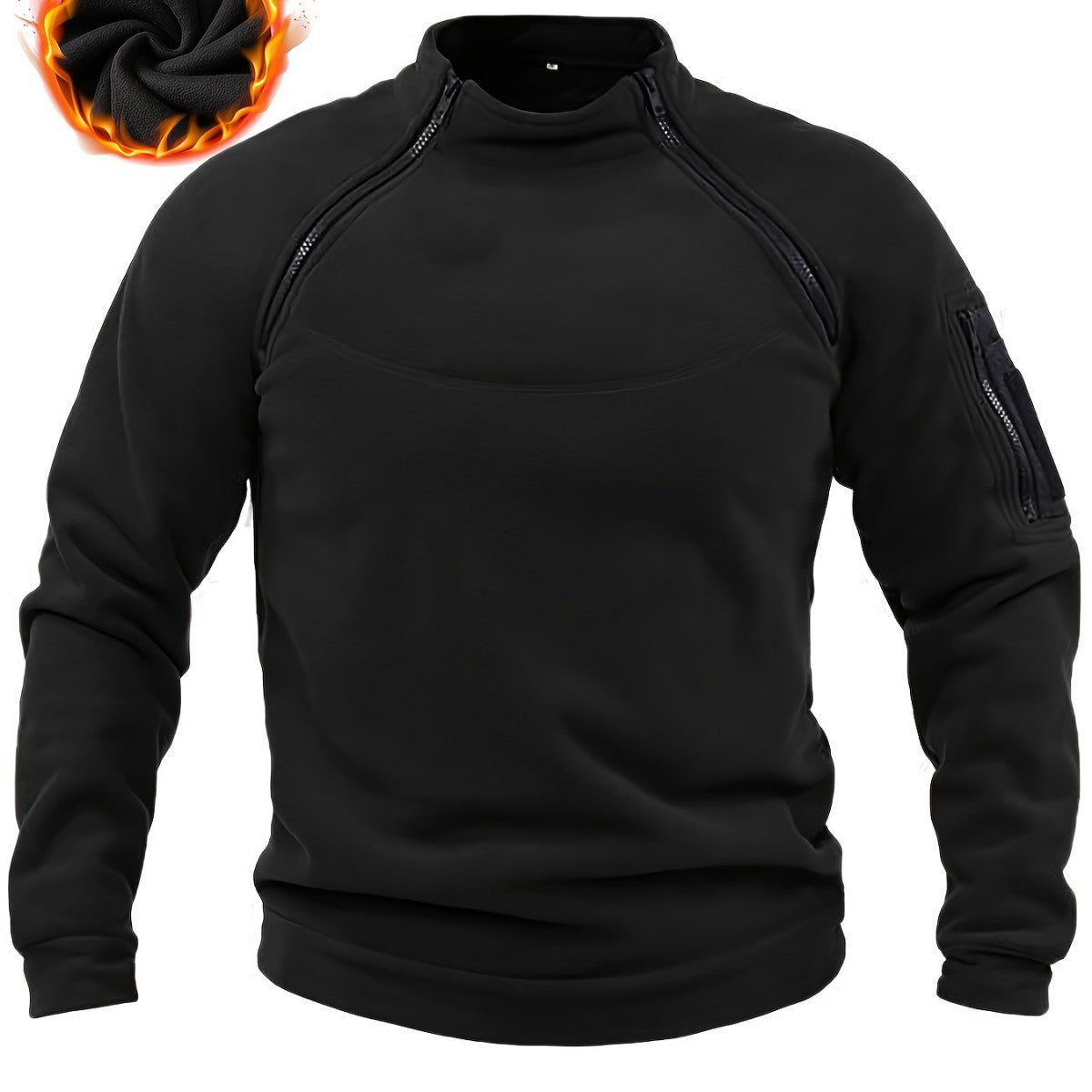Men's Thermal Fleece Pullover with Shoulder Zippers, Stand Collar & Sleeve Utility Pocket Chichicherry