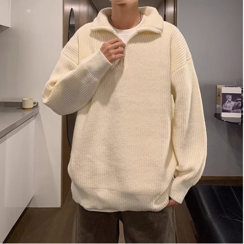 Herren Weicher Oversize-Rippenstrick-Pullover mit verdecktem Halbzip und Polokragen Chichicherry