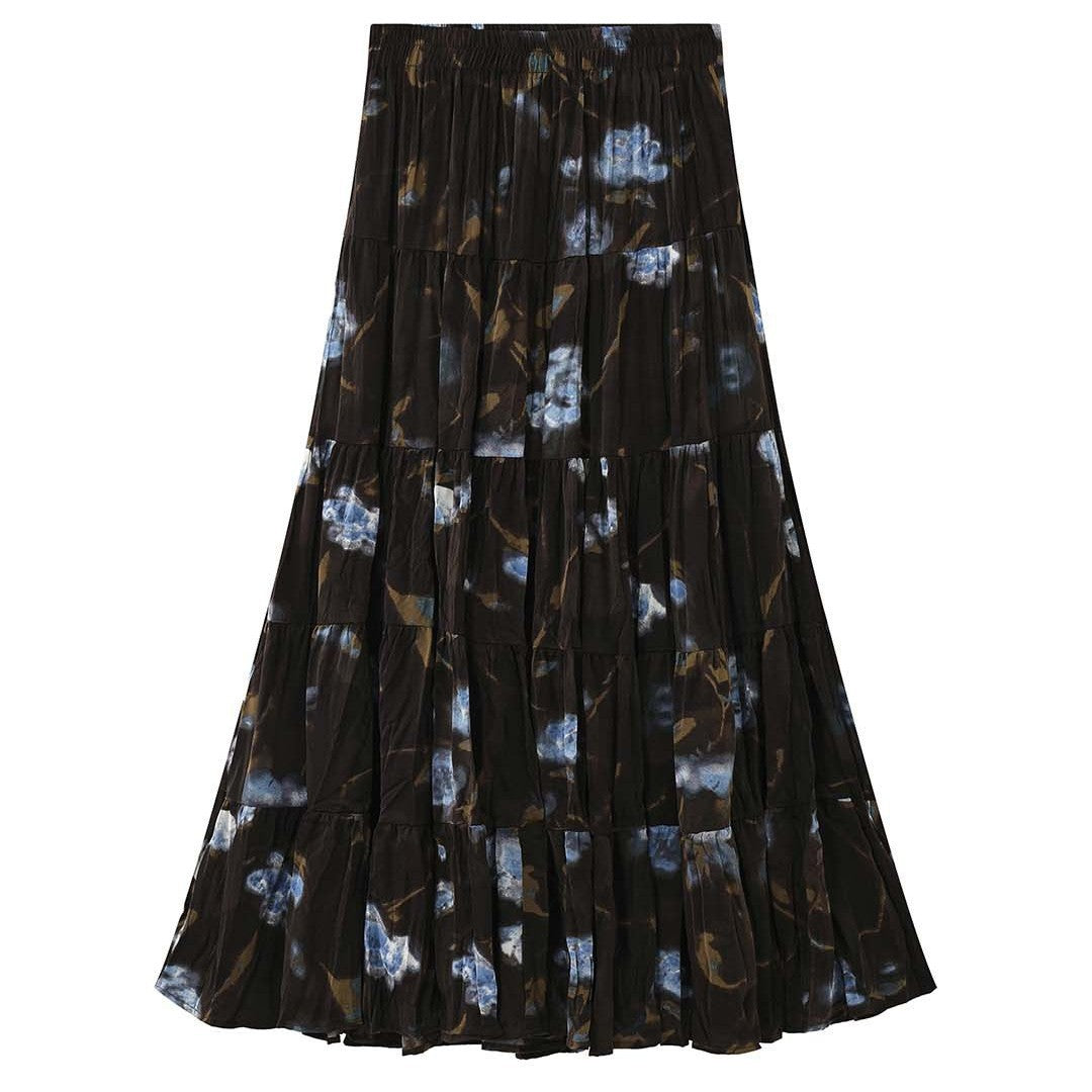 Ladies Maxi Tiered Skirt made of pleated chiffon with abstract floral print Chichicherry