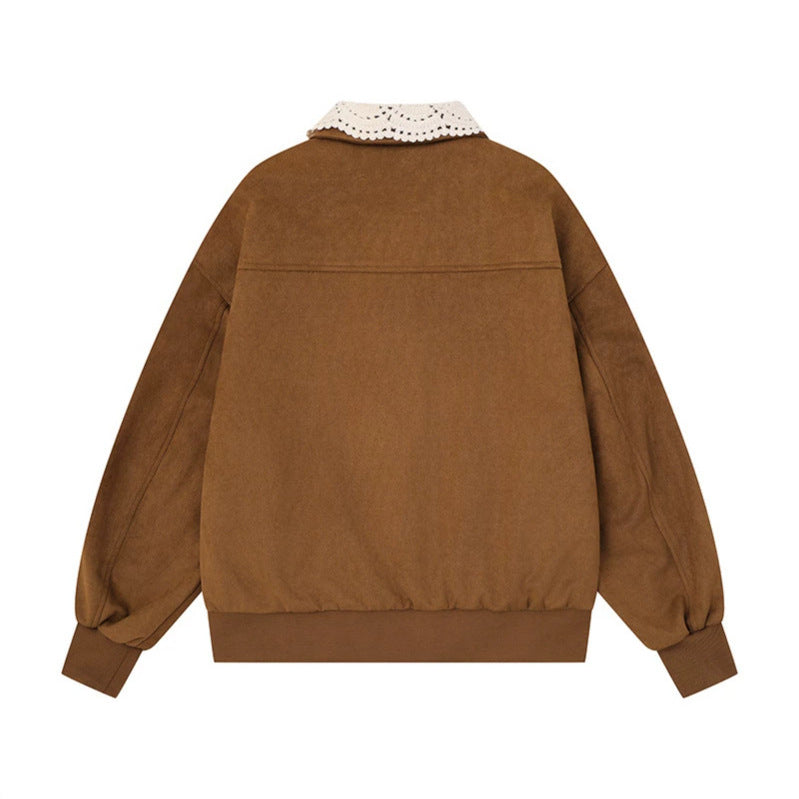 Women's buttoned oversized sweat jacket with crocheted collar and star appliqués Chichicherry