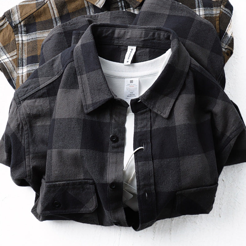 Herren Oversize Kariertes Flanell-Hemdjacke mit aufgesetzten Pattentaschen Chichicherry