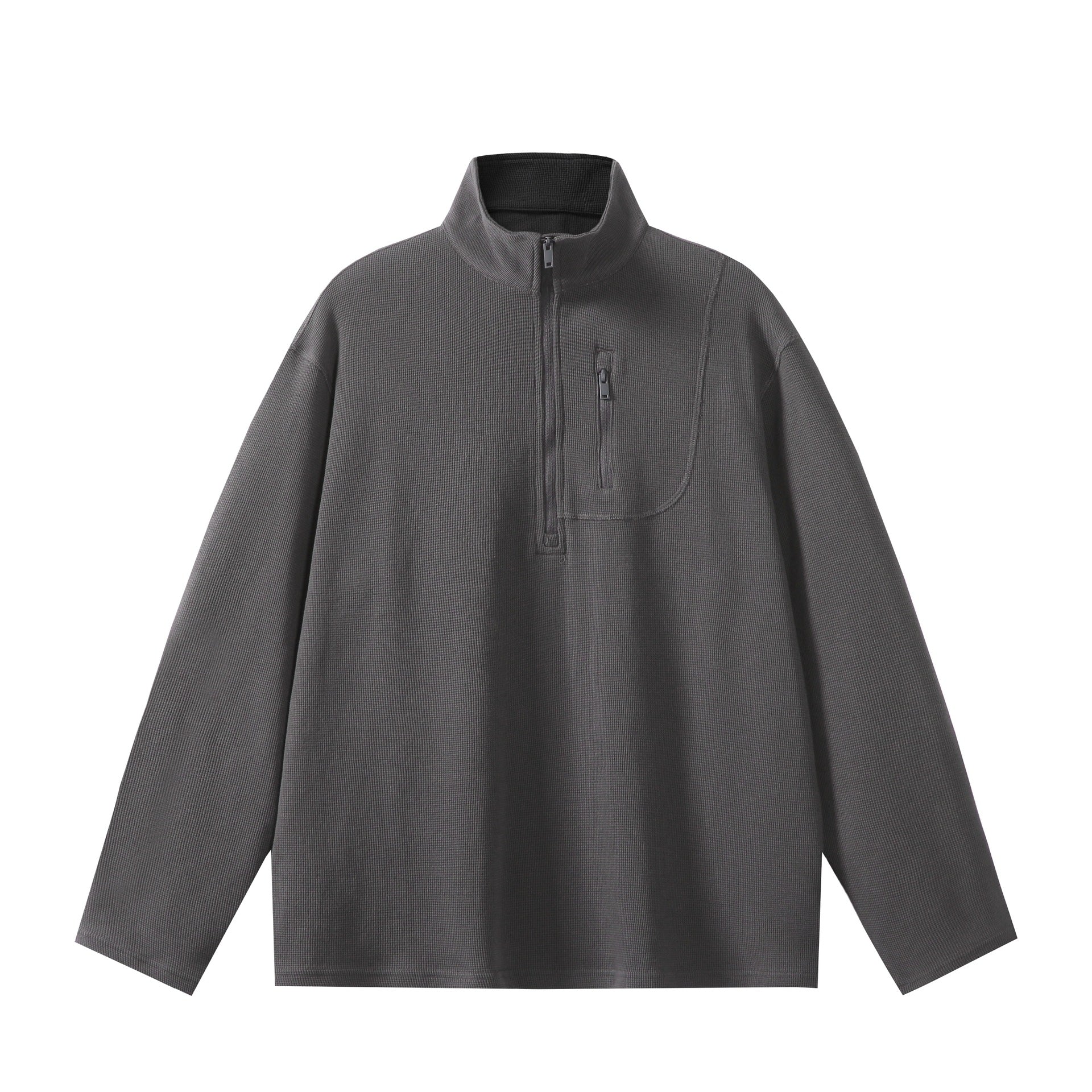 Unisex Lightweight Waffle Knit Half-Zip Pullover with Stand-Up Collar and Chest Zip Pocket Chichicherry
