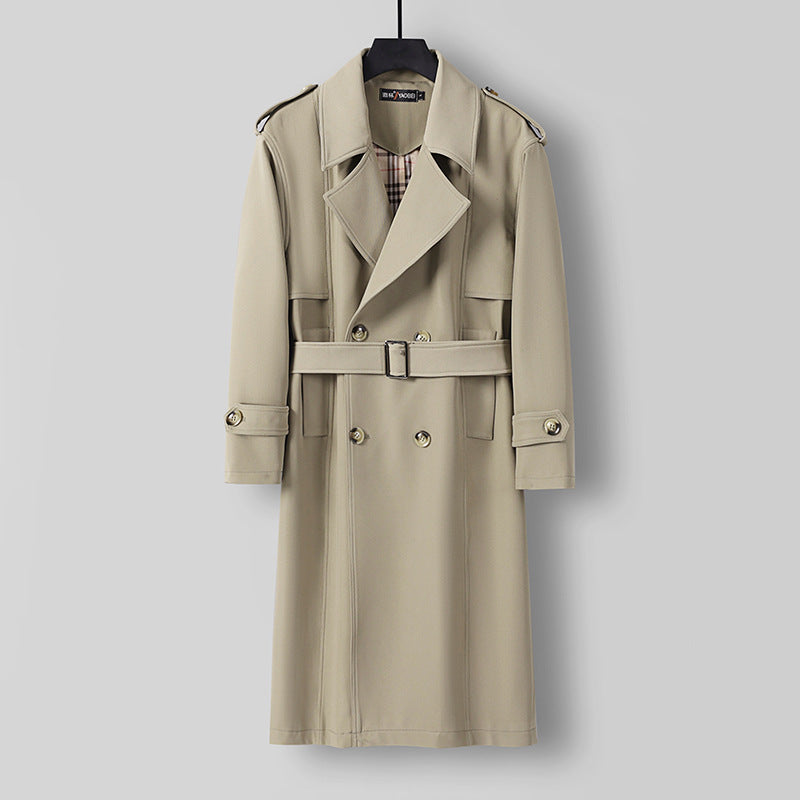 Men's Midi Length Double Breasted Trench Coat with Waist Belt, Notched Lapel and Checked Lining Chichicherry