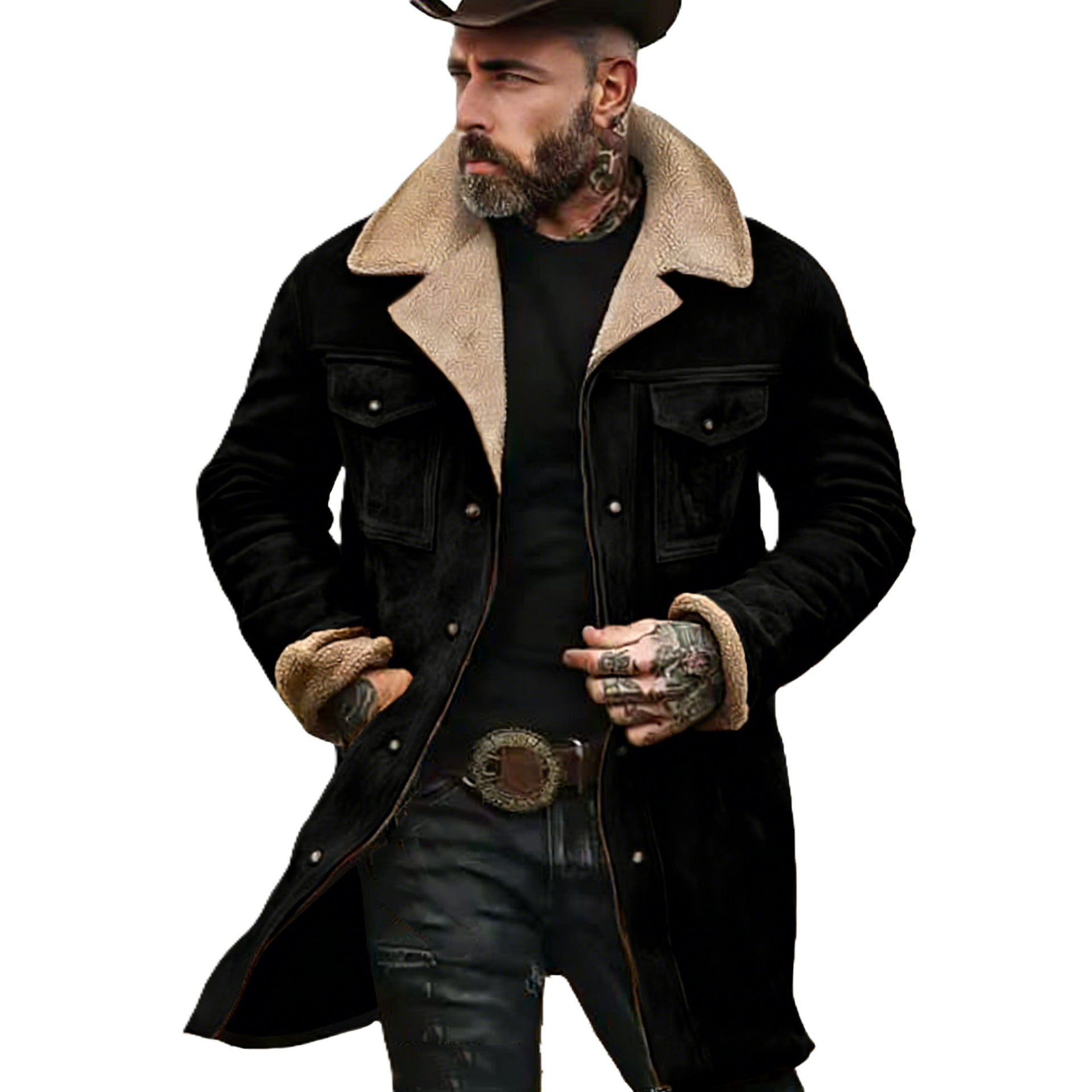 Men's Long Suede Coat with Teddy Lining and Flap Pockets Chichicherry