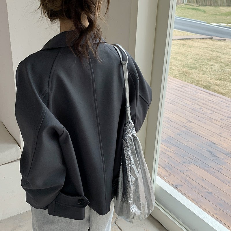 Women's Oversized Short Jacket with Dropped Shoulders and Large Button Placket Chichicherry