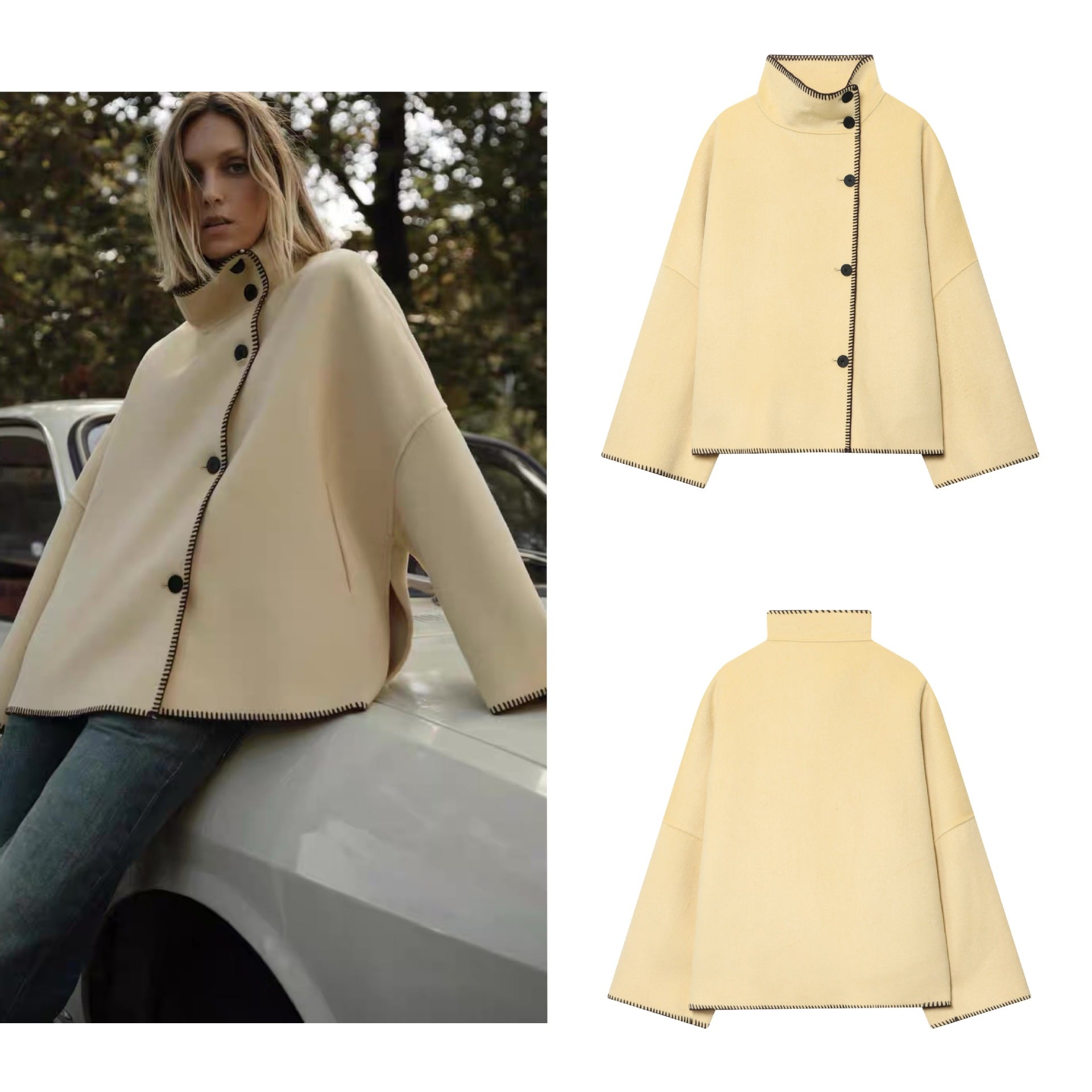 Women's cape coat with stand-up collar, asymmetric button placket and decorative seam Chichicherry