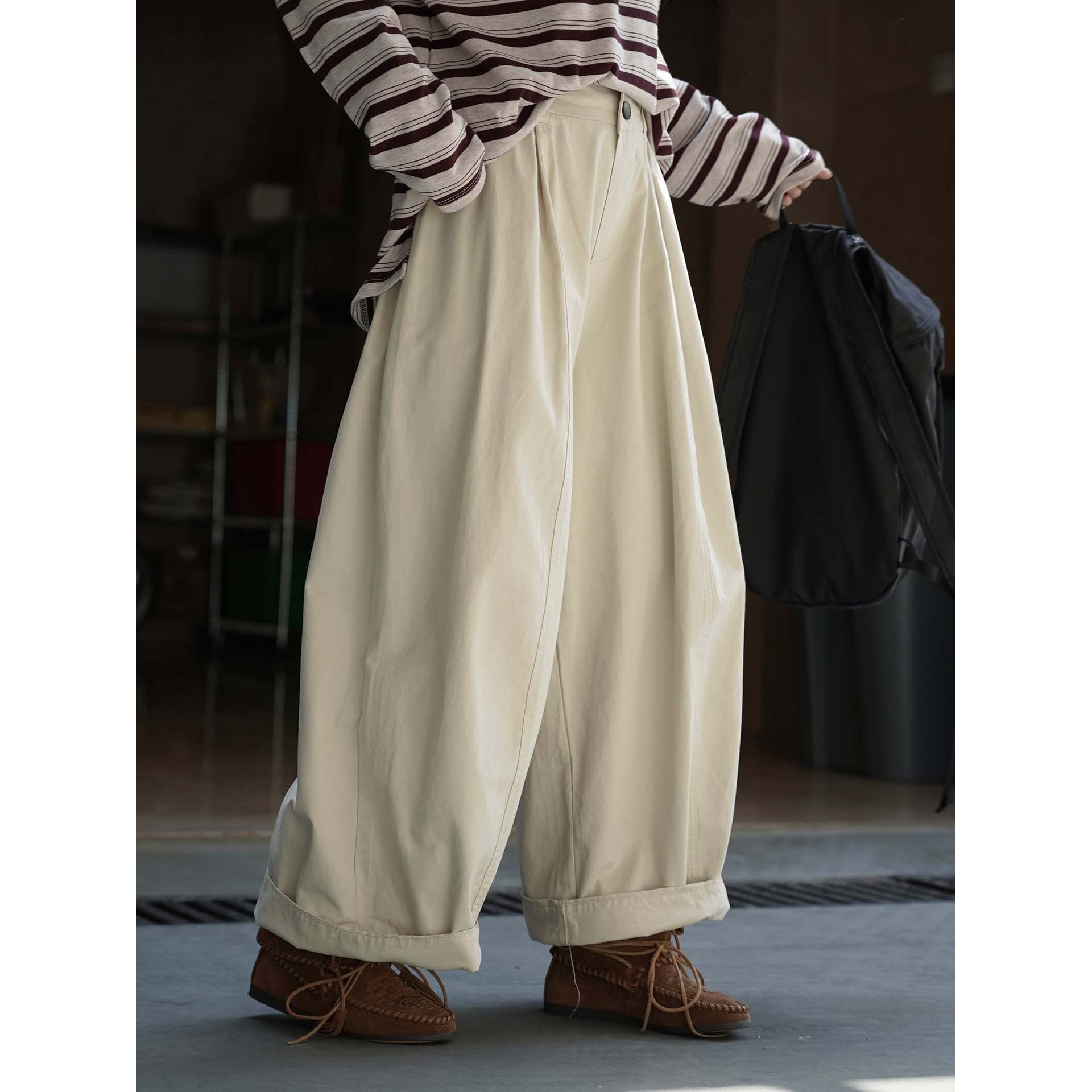 Women Wide High-Waist Pleated Culotte Pants with Subtle Button Placket Chichicherry