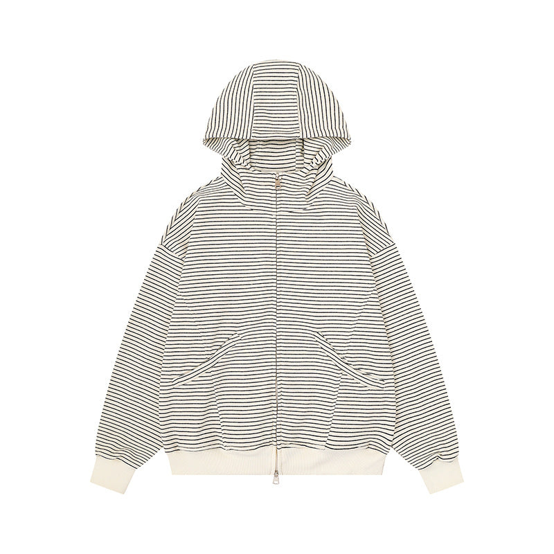 Unisex Striped Hooded Sweat Jacket with Zipper and Kangaroo Pockets Chichicherry