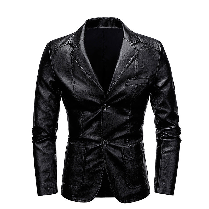 Men's Slim-Fit Faux Leather Blazer with Notched Lapels and Flap Pockets Chichicherry