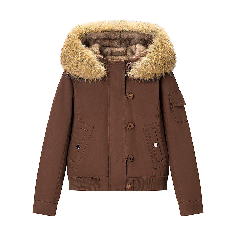 Women Padded Bomber Jacket with Faux Fur Hood and Utility Pocket Chichicherry