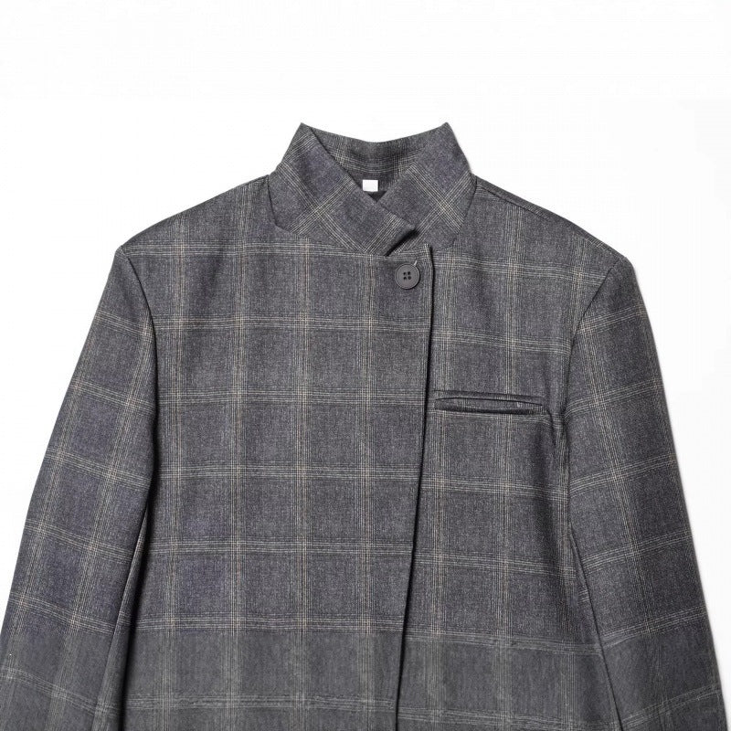 Women's tailored check blazer with stand-up collar, concealed button placket and flap pockets Chichicherry
