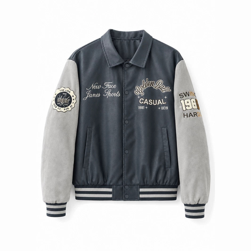 Men's varsity bomber jacket in collegiate style with faux leather body, suede look sleeves and embroidered patches Chichicherry