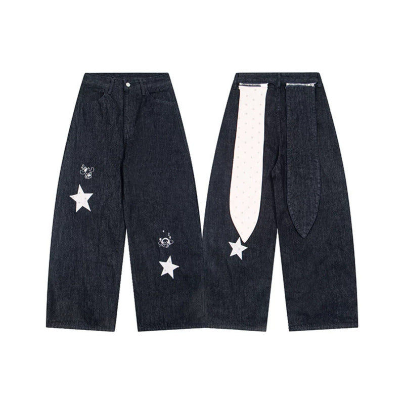 Women Wide Denim Palazzo Jeans with High Waist, Star Applications and Illustrative Patches Chichicherry
