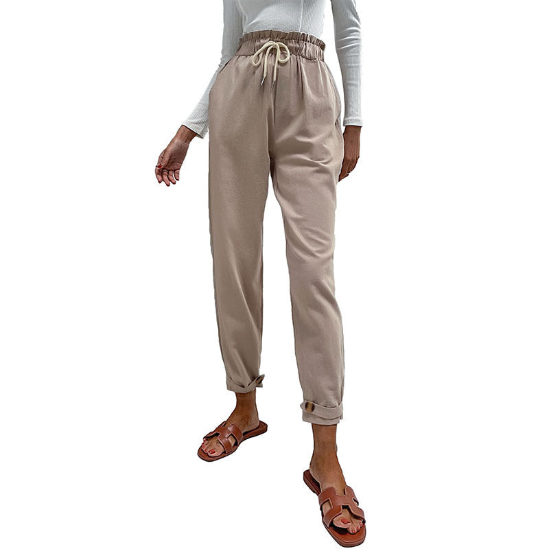 Women's Casual High-Waisted Pants with Drawstring, Side Pockets, and Tapered Leg Shape Chichicherry