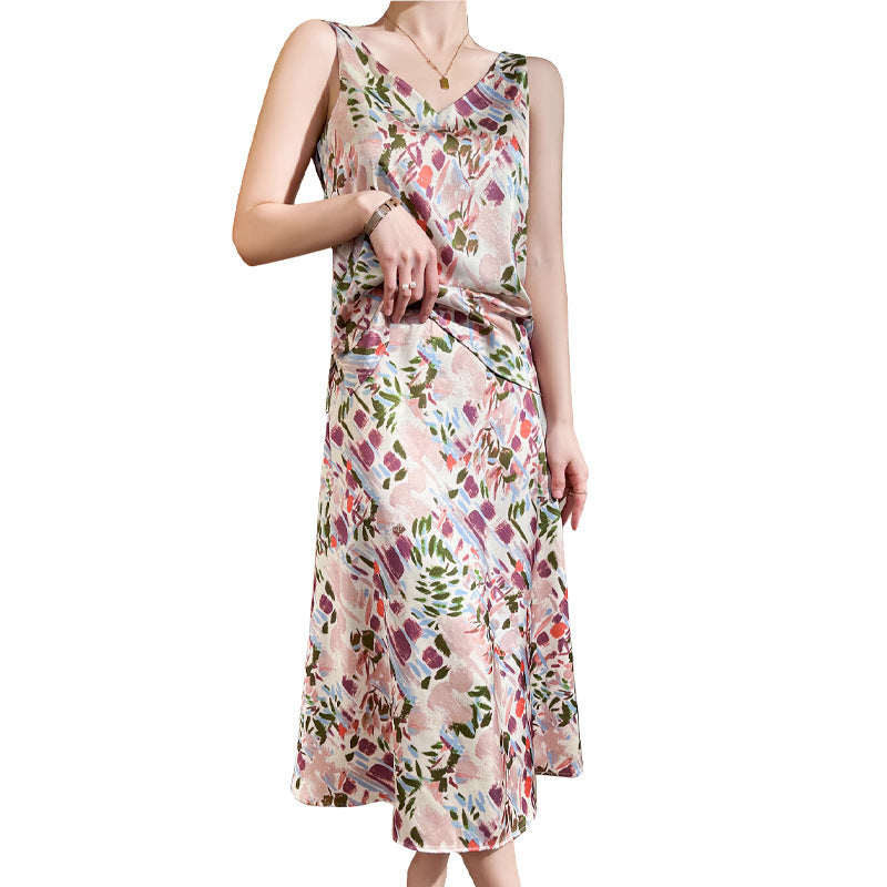 Women's satin midi skirt with abstract watercolor floral print and high waist Chichicherry