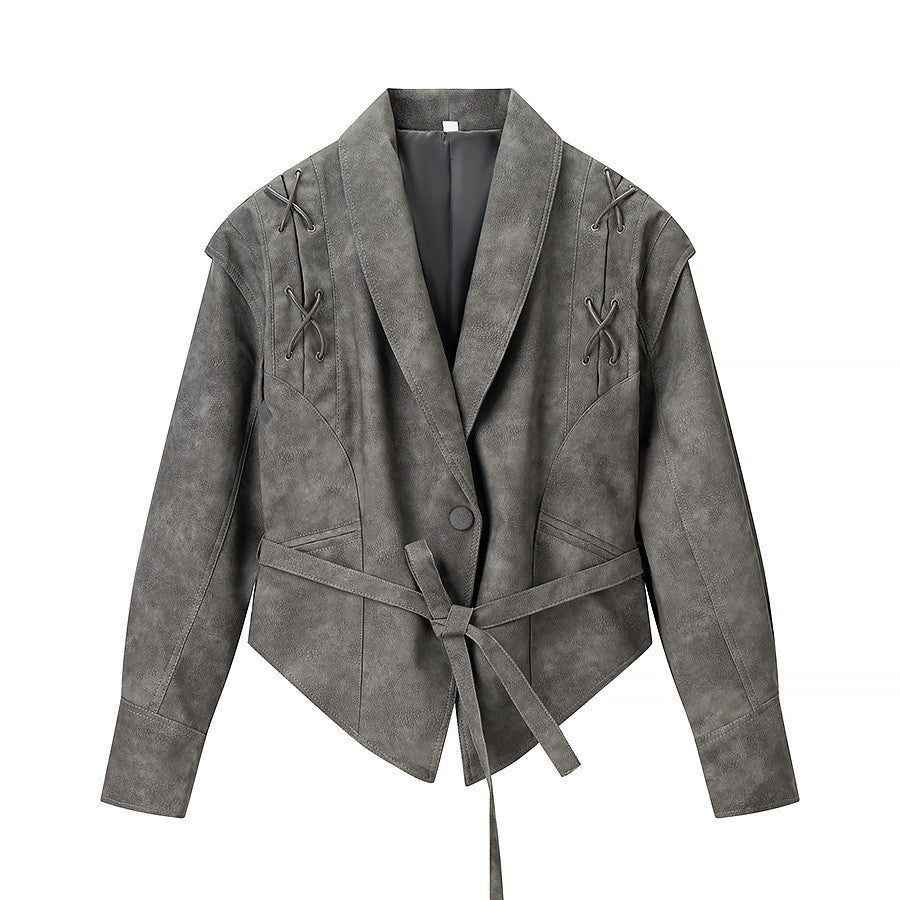 Women's short jacket in velour look with wrap belt and lacing detail Chichicherry