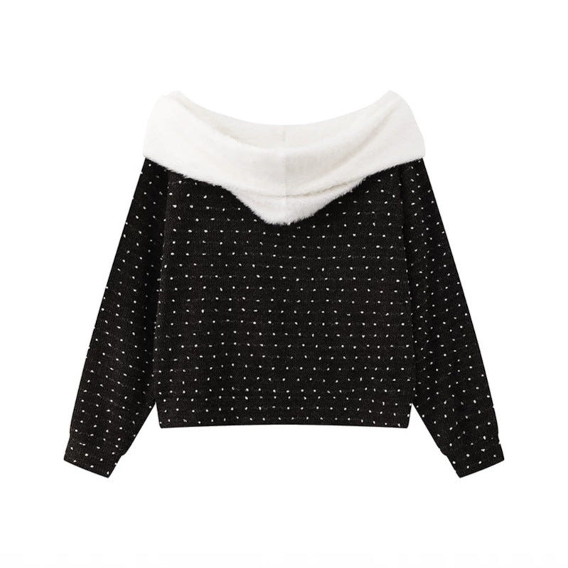 Women's Cozy Knitted Sweater with Large Faux Fur Shawl Collar and Kangaroo Pocket Chichicherry