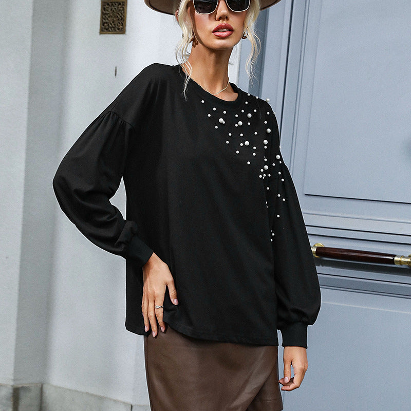 Ladies Pearl-embellished Fine-knit Sweater with Balloon Sleeves and Ribbed Cuffs Chichicherry