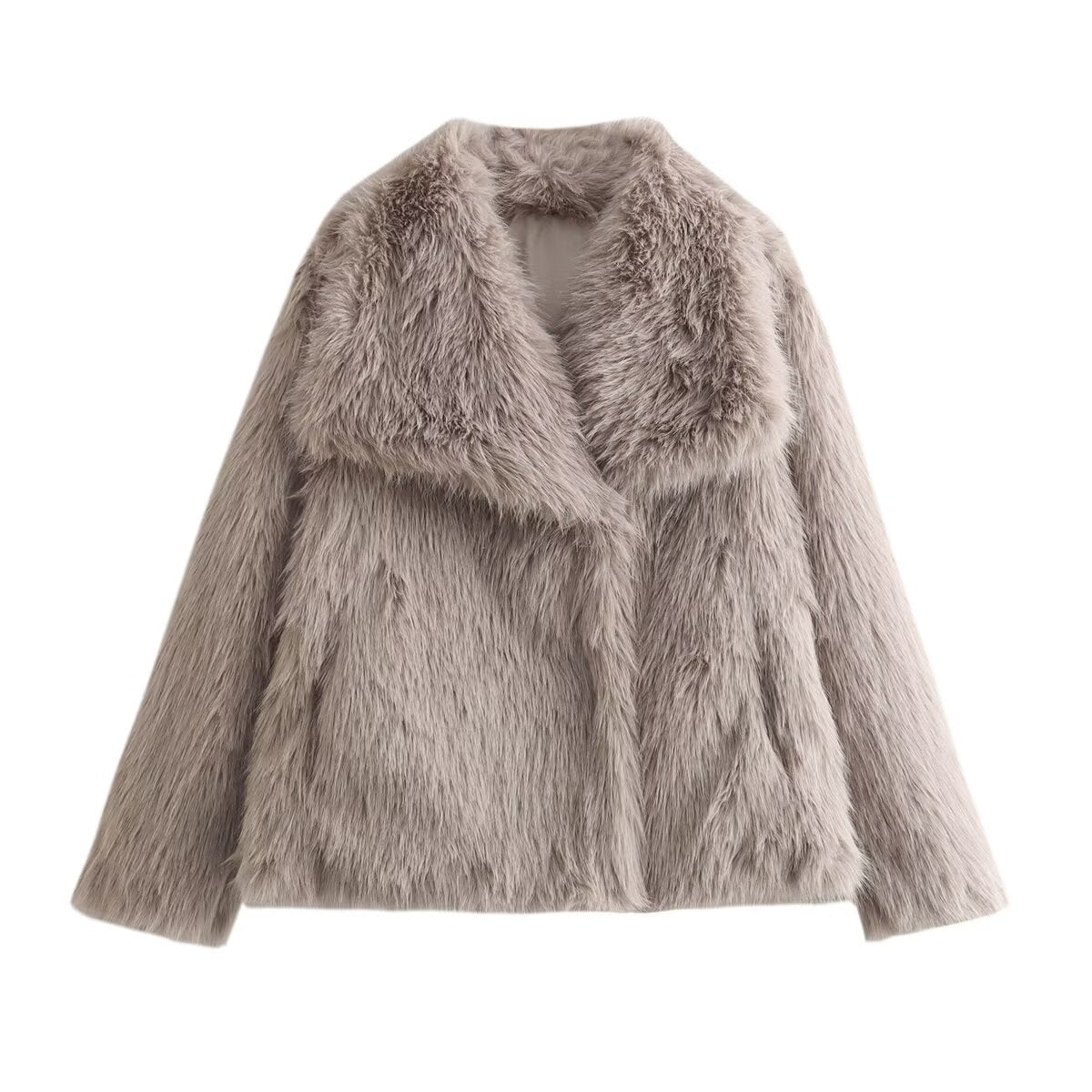 Ladies Short Boxy Faux Fur Jacket with Wide Shawl Collar and Long Fiber Faux Fur Chichicherry