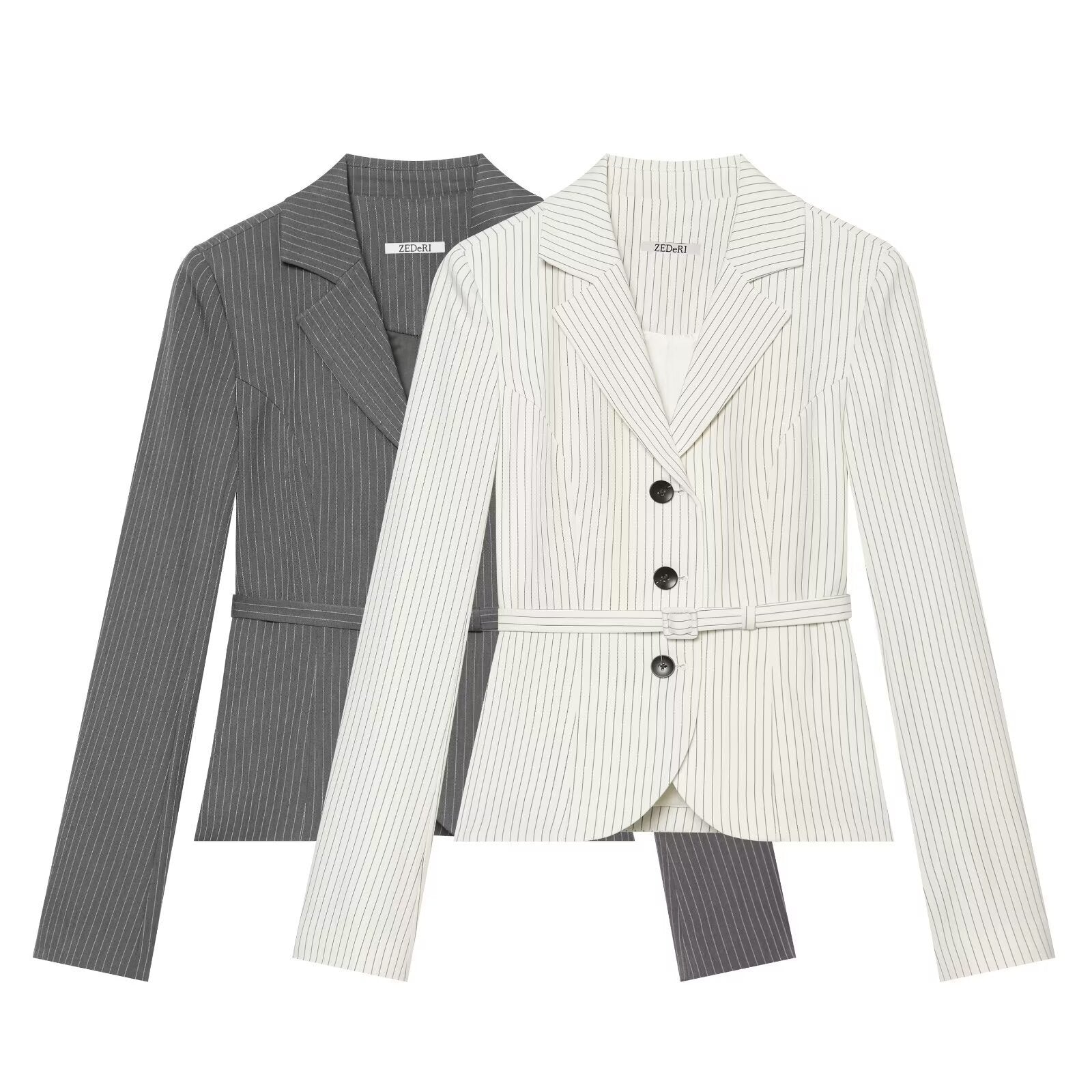 Women's Tailored Pinstripe Blazer with Tie Belt Chichicherry