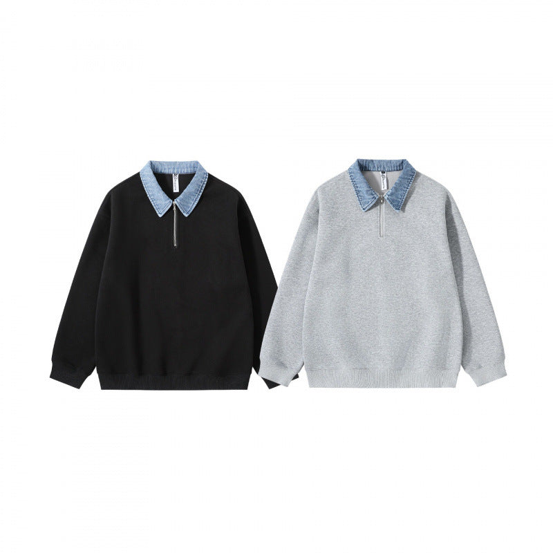 Unisex Oversize-Halfzip-Sweatshirt with contrasting denim collar Chichicherry