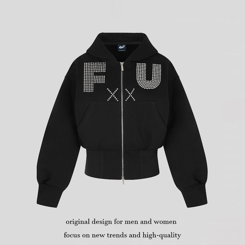 Ladies Short Hooded Sweat Jacket with Full Zip, Wide Ribbed Hem and Rhinestone Logo Chichicherry
